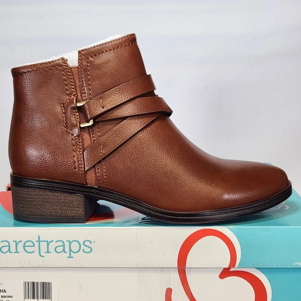 Baretraps Magena Ankle Boot Women Size 7.5 Brush Brown Strappy Zip Block Heel